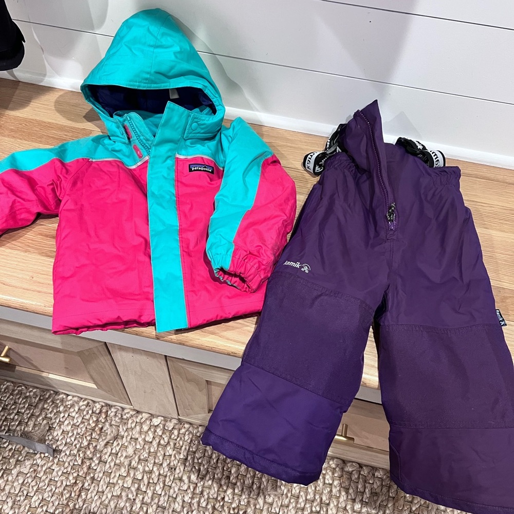 Patagonia snow/ ski jacket and Kamik ski/ snow pants with bib. Both 2T.